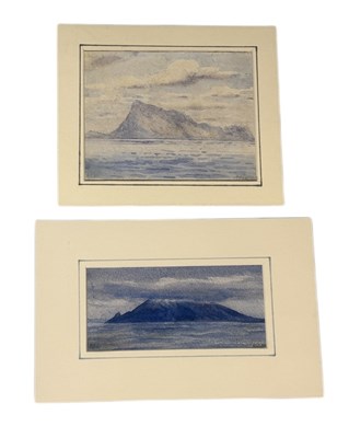 Lot 522 - ALFRED CROWDY LOVETT C.B.E (BRITISH 1862-1919): A WATERCOLOUR PAINTING ON PAPER DEPICTING A VIEW OF ADEN PASS, SEMEL SHAMSAN FROM THE SEA, AND ANOTHER OF CROSETS ISLAND