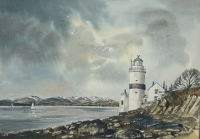 Lot 638 - J.S. ANDERSON: A BRITISH WATERCOLOUR PAINTING ON PAPER 'VIEW OF LIGHTHOUSE BY ESTUARY'