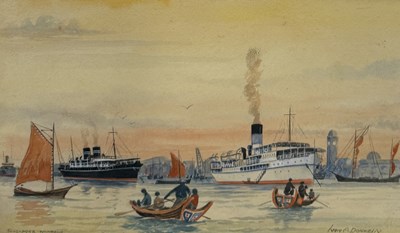 Lot 598 - IVAN A DONNELY (BRITISH/CHINESE)" A WATERCOLOUR PAINTING ON PAPER DEPICTING SINGAPORE HARBOUR