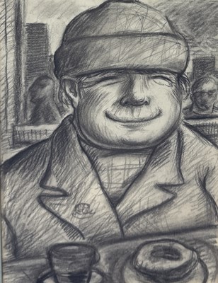 Lot 674 - AFTER PETER HOWSON: A CHARCOAL DRAWING ON PAPER 'TEA AND DOUGHNUTS'