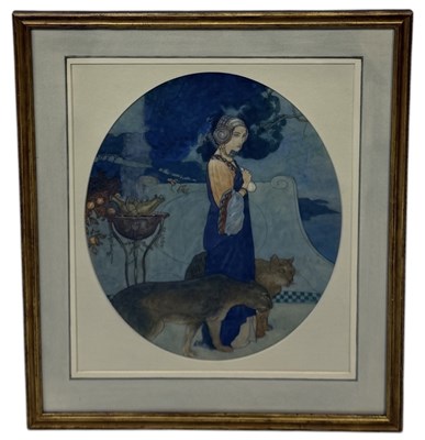 Lot 639 - AN ART NOUVEAU WATERCOLOUR PAINTING ON PAPER DEPICTING A WOMEN WITH DOGS