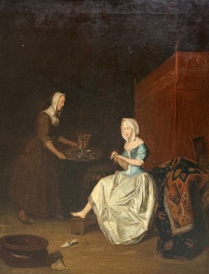 Lot 538 - AFTER JACOB OCHTERVELT: AN OIL PAINTING ON CANVAS 'YOUNG LADY TRIMMING HER FINGERNAILS'