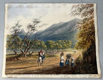 Lot 498 - S.M. DERINZY: A WATERCOLOUR PAINTING ON PAPER DEPICTING THE PEAK OF GASTOURI AND VILLAGE OF SANTA DEHA, FROM THE CASTILLANES ROAD, SKETCHED IN CORFU, JULY 1835, RIVIERE DE LOUP JAN 1840'.