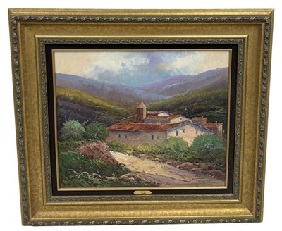 Lot 553 - AN OIL PAINTING ON CANVAS DEPICTING A HOUSE IN THE COUNTRYSIDE