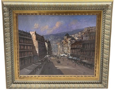 Lot 537 - AN OIL PAINTING ON CANVAS DEPICTING A CITY SCENE