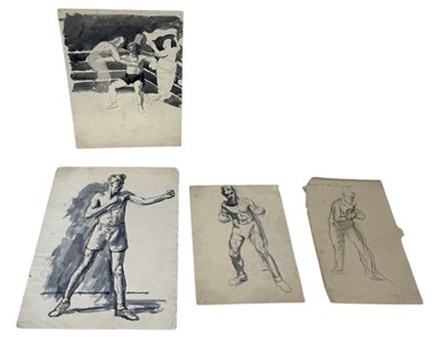 Lot 493 - ATTRIBUTED TO EDWARD LE BAS (BRITISH 1904-19660: A GROUP OF FOUR DRAWINGS AND WATERCOLOUR PAINTINGS OF BOXERS