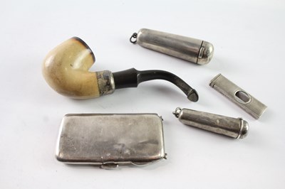 Lot 251 - FIVE .925 STERLING SILVER TOBACCIANA INCLUDING BANDED PETERSON'S PIPE