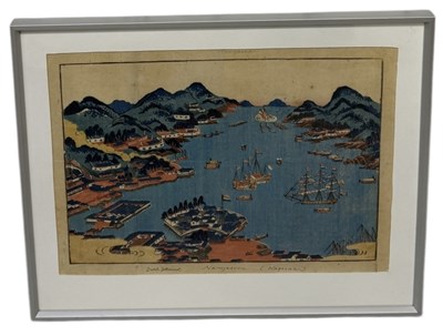 Lot 718 - A JAPANESE WOODBLOCK DEPICTING A SHIPPING SCENE, NAGASAKI