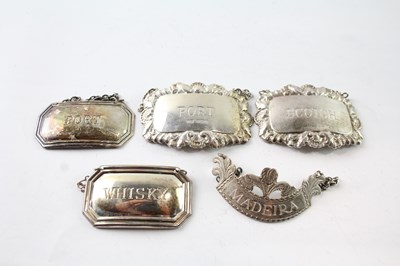 Lot 227 - A GROUP OF FIVE .925 STERLING SILVER DECANTER LABELS