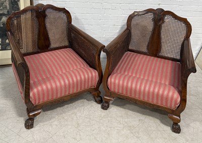 Lot 760 - A PAIR OF DEEP SEATED BERGERE ARMCHAIRS