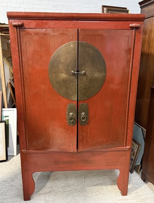 Lot 759 - A LARGE CHINESE RED LACQUERED MARRIAGE CABINET