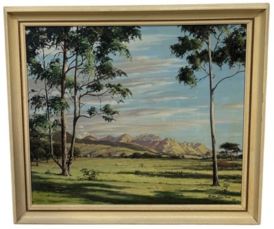 Lot 573 - R. MCLELLAN SIM: AN OIL PAINTING ON CANVAS DEPICTING A LANDSCAPE SCENE WITH MOUNTAINS