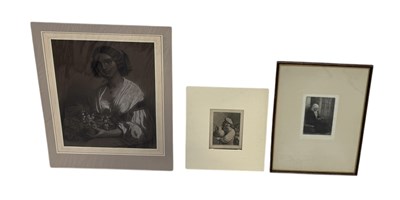 Lot 676 - A LARGE VICTORIAN PENCIL AND WHITE CHALK DRAWING OF A LADY WITH FRUIT, ALONG WITH AN ENGRAVING AFTER DAVID TENIERS, AND AN ETCHING