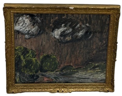 Lot 637 - A PAINTING DEPICTING A LANDSCAPE SCENE WITH TREES AND CLOUDS