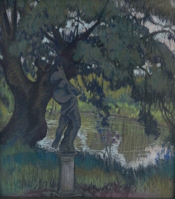 Lot 489 - WILLIAM SAMUEL HORTON (AMERICAN 1865-1936): A PASTEL DRAWING ON PAPER DEPICTING A GARDEN STATUE NEAR A POND