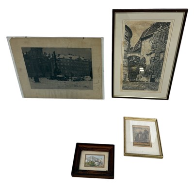 Lot 672 - LUIGI KASIMIR (1881-1962): AN ETCHING 'AT THE YARD IN VIENNA' ALONG WITH A DRAWING OF SAFED, ISRAEL AND TWO OTHER ETCHINGS