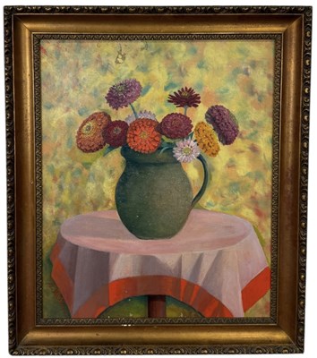 Lot 552 - AN OIL PAINTING ON CANAS DEPICTING A STILL LIFE WITH FLOWERS IN A JUG