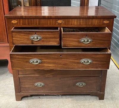 Lot 837 - AN ANTIQUE MAHOGANY CHEST OF DRAWERS WITH MARQUETRY INLAY