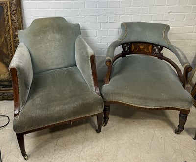 Lot 817 - A VICTORIAN ARMCHAIR WITH MARQUETRY INLAY ALONG WITH ANOTHER ARMCHAIR, EDWARDIAN