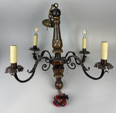 Lot 800 - A 19TH CENTURY GILT WOOD CHANDELIER WITH WROUGHT IRON ARMS