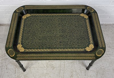 Lot 765 - A REGENCY STYLE FAUX MARBLE BUTLERS TRAY ON FAUX BAMBOO STAND