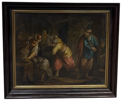 Lot 56A - MANNER OF FRANCESCO GUARDI (ITALIAN 1712-1793): AN EARLY 18TH CENTURY VENETIAN OIL PAINTING ON CANVAS DEPICTING BANDITS IN A CAVE