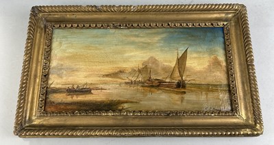 Lot 611A - MANNER OF RICHARD PARKS BONINGTON (1802-1828): AN OIL PAINTING ON CANVAS DEPICTING SAILBOATS IN A HARBOUR