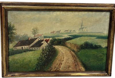 Lot 439 - AN OIL PAINTING ON CANVAS DEPICTING A WINDING COUNTRY LANE