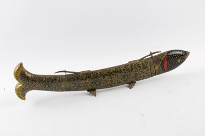 Lot 1186 - A KASHMIR 19TH CENTURY CARVING KNIFE AND FORK IN FORM OF FISH