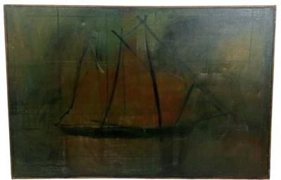 Lot 420 - LESZEK DABROWSKI (POLISH B.1942) A LARGE OIL PAINTING ON CANVAS DEPICTING A BOAT IN LIVERPOOL