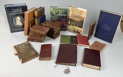 Lot 502 - ANTIQUE BOOKS TO INCLUDE THE WORKS OF SAMUEL JOHNSON IN SIX VOLUMES, ELEGANT EXTRACTS, CAPTAIN COOK BOOKS, BIBLE (QTY)