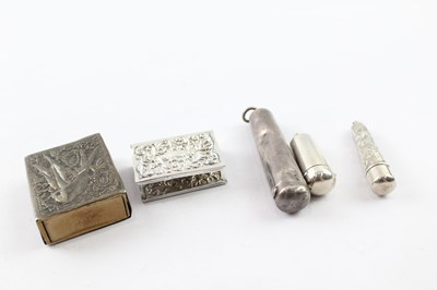 Lot 321 - FIVE .800 AND .925 STERLING SILVER TOBACCIANA INCLUDING CHEROOT CASES AND MATCHBOX CASES