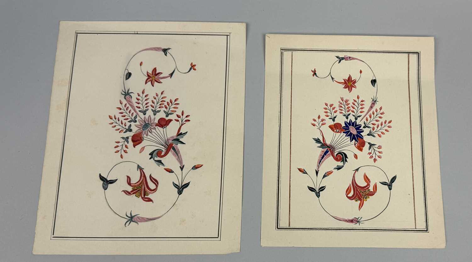Lot 8 - TWO INDIAN COMPANY SCHOOL WATERCOLOUR PAINTINGS ON PAPER DEPICTING PIETRA DURA MARBLE STUDIES, SIGNED TO THE REVERSE