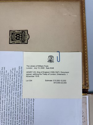 Lot 1 - HENRY VIII, KING OF ENGLAND (1509-1547): A SIGNED DOCUMENT RATIFYING THE TREATY OF LONDON, GREENWICH, 1ST NOVEMBER 1516