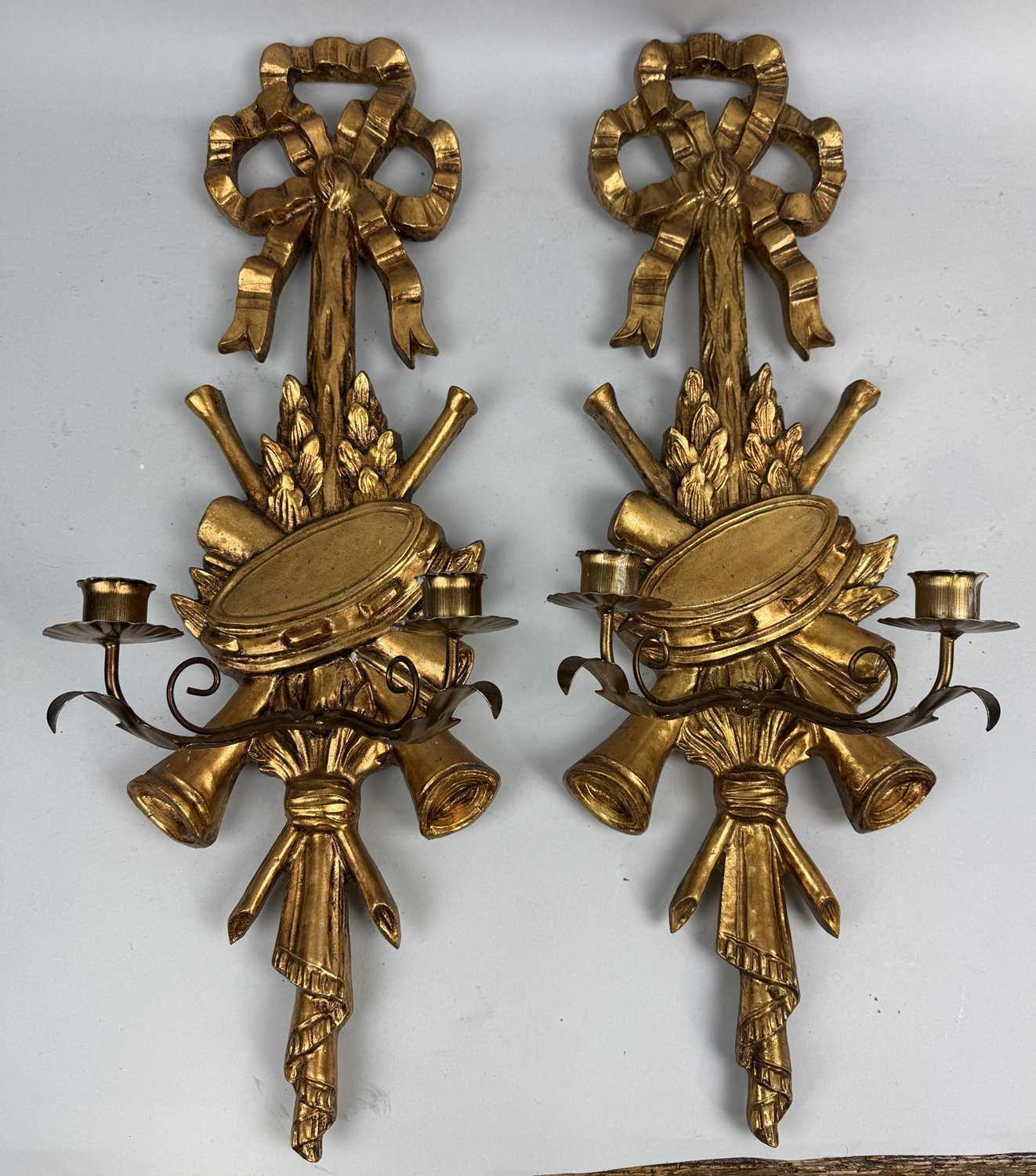 Lot 740 - A PAIR OF CARVED WOOD WALL SCONCES WITH MUSICAL INSTRUMENTS