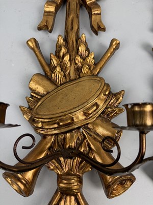 Lot 740 - A PAIR OF CARVED WOOD WALL SCONCES WITH MUSICAL INSTRUMENTS