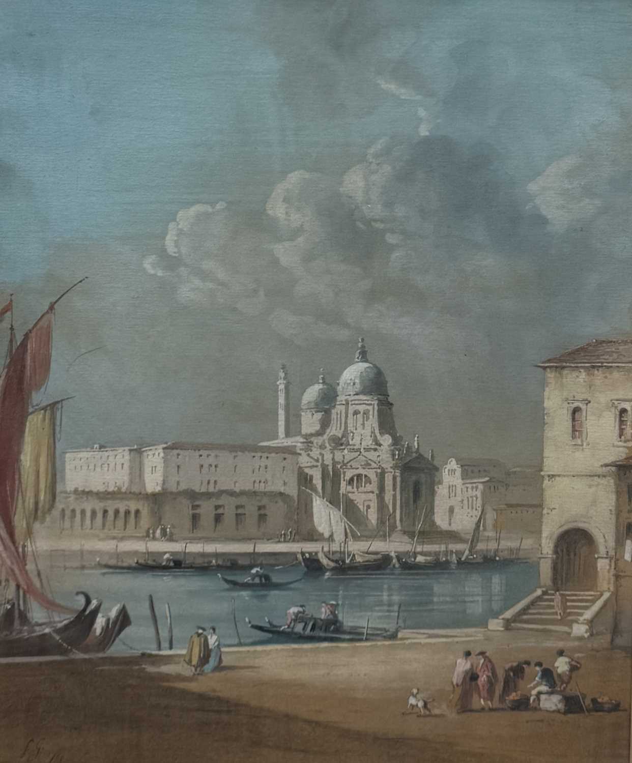 Lot 160 - CIRCLE OF FRANCESCO GUARDI (ITALIAN 1712-1793): A PAINTING ON PAPER DEPICTING A VENETIAN SCENE