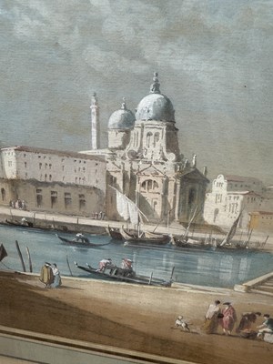 Lot 160 - CIRCLE OF FRANCESCO GUARDI (ITALIAN 1712-1793): A PAINTING ON PAPER DEPICTING A VENETIAN SCENE