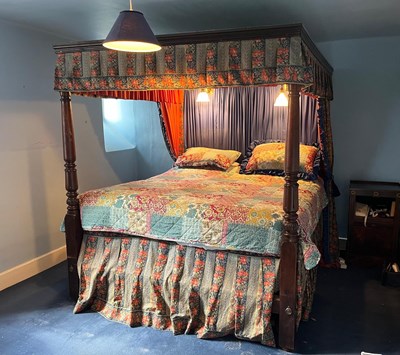 Lot 865 - AN ANTIQUE AND LATER FOUR POSTER BED WITH LIBERTY AND CO FABRIC