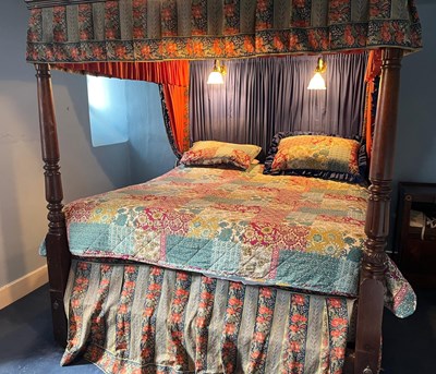 Lot 865 - AN ANTIQUE AND LATER FOUR POSTER BED WITH LIBERTY AND CO FABRIC