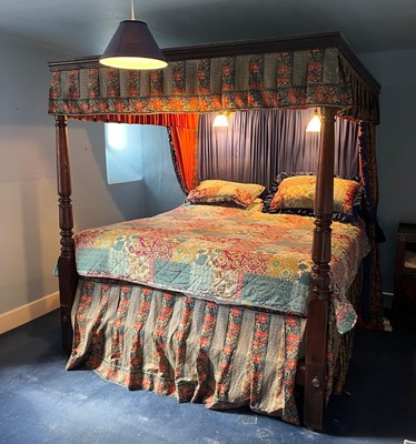 Lot 865 - AN ANTIQUE AND LATER FOUR POSTER BED WITH LIBERTY AND CO FABRIC