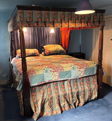 Lot 865 - AN ANTIQUE AND LATER FOUR POSTER BED WITH LIBERTY AND CO FABRIC