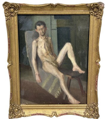 Lot 392 - I.J.B. SINCLAIR (BRITISH MID-LATE 20TH CENTURY): AN OIL PAINTING ON CANVAS DEPICTING A MALE NUDE