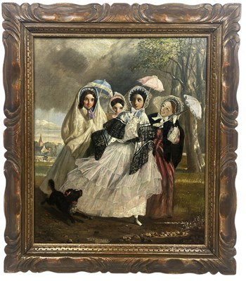 Lot 370 - A 19TH CENTURY OIL PAINTING ON CANVAS DEPICTING LADIES HOLDING PARASOLS WITH A DOG