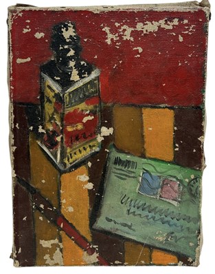 Lot 821C - ATTRIBUTED TO LEON GISCHIA (FRENCH 1903-1991): AN OIL PAINTING ON CANVAS, ABSTRACT STILL LIFE WITH BOTTLE AND LETTER