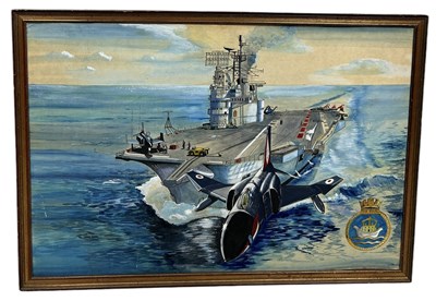 Lot 442 - AN OIL PAINTING ON BOARD DEPICTING A FIGHTER JET AND WARSHIP