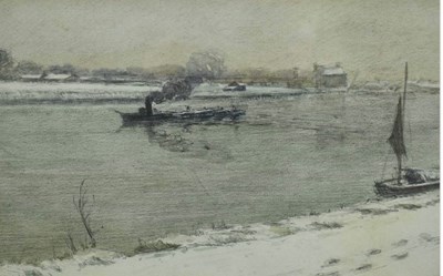 Lot 942 - ALAN LANSDOWN WALBANK: A PENCIL AND WATERCOLOUR DEPICTING THE THAMES IN WINTER