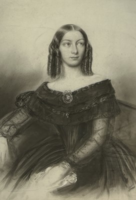 Lot 870 - A PENCIL AND CHARCOAL DRAWING ON PAPER HEIGHTENED WITH WHITE DEPICTING A LADY