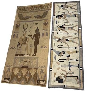 Lot 728 - EGYPTIAN REVIVAL: TWO EMBROIDERED TEXTILES DEPICTING FIGURES AND HIEROGLYPHICS