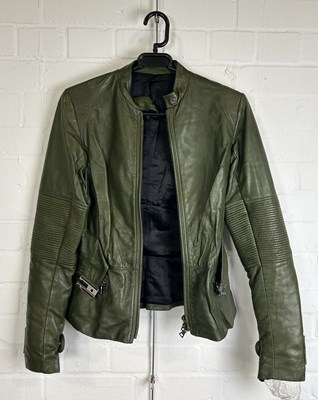 Lot 704B - A HALLE BERRY WORN GREEN LEATHER JACKET FROM 'THE UNION' NETFLIX FILM